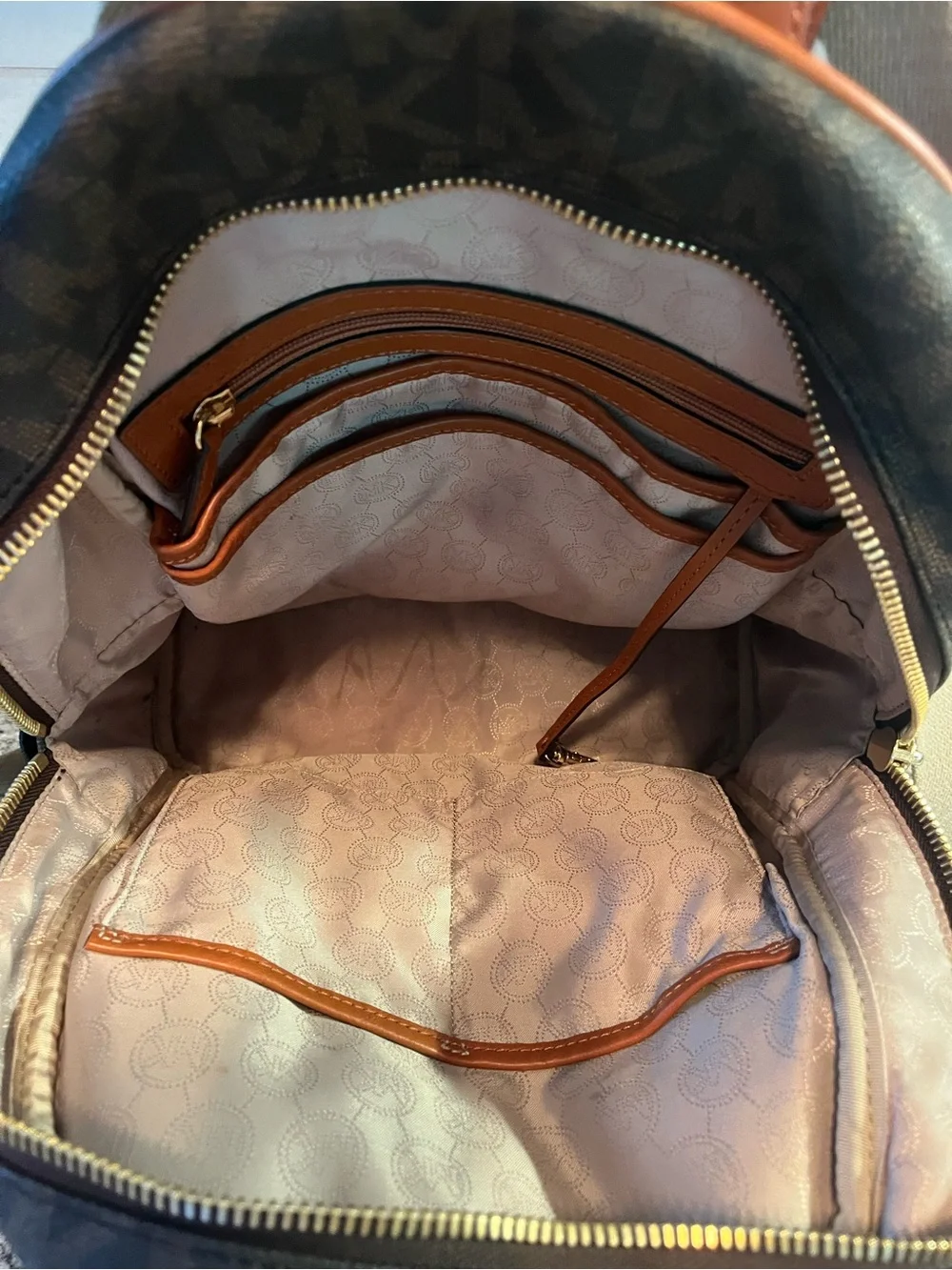 Michael Kors Large Zip-Pocket Backpack MK Brown Logo